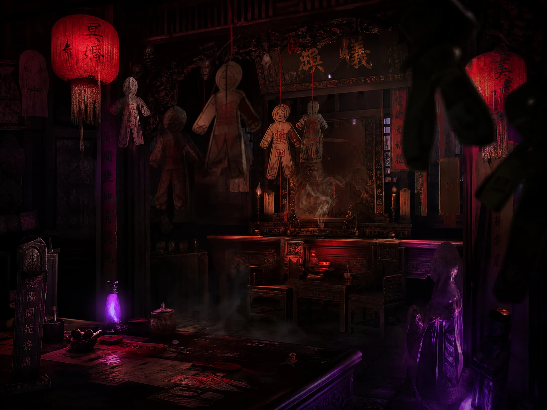 中式‍微恐密室场景：纸人古宅﻿